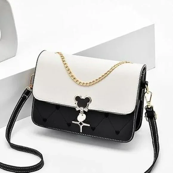 Mickey Head Leather Shoulder Bag Purse Handbag Black White Fashion Mouse Pendant - Picture 2 of 2